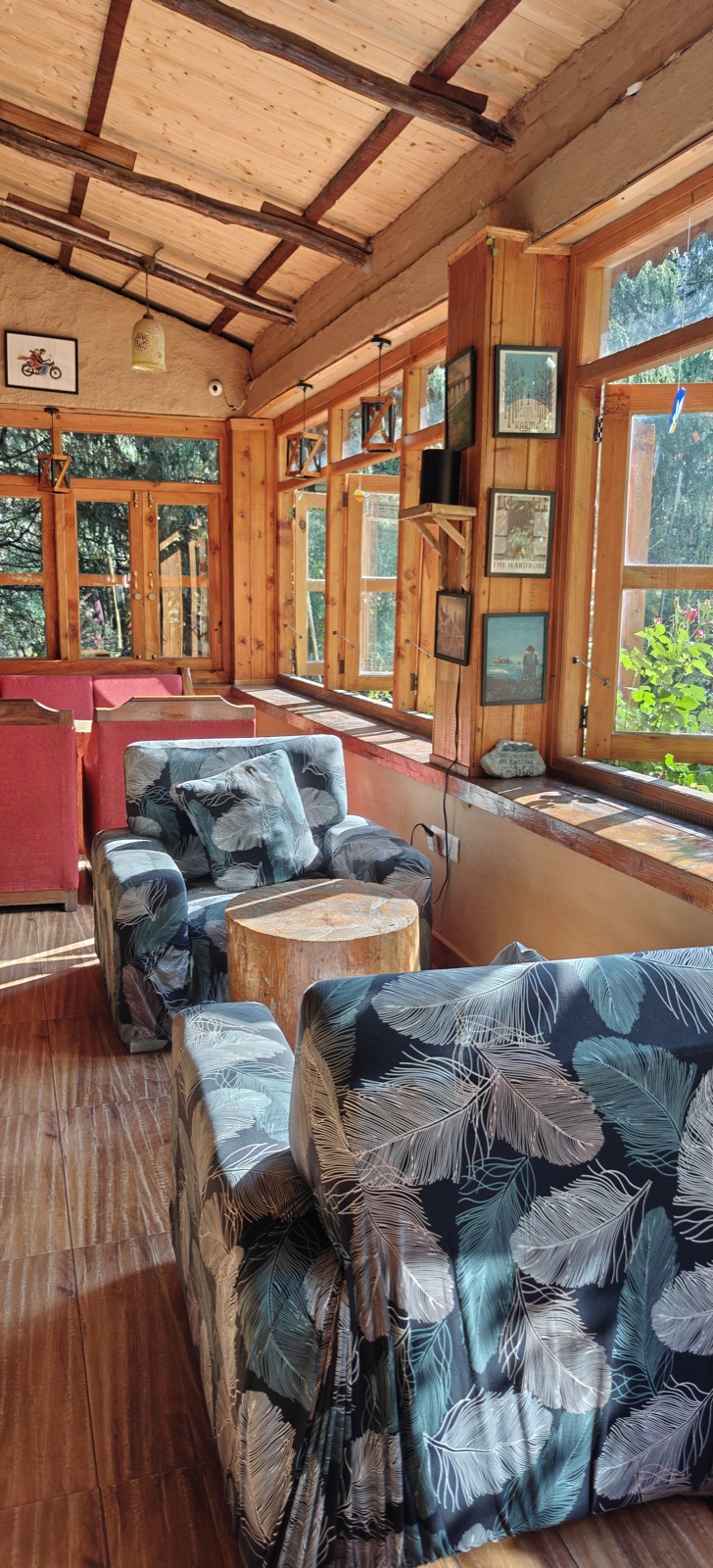 The sunlit lounge at the Tirthan stay — leaf-print armchairs, log stools, and large forest-facing windows